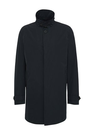 Manteau léger bleu marine avec un col haut et une fermeture à boutons. Présente des poches latérales, des poignets ajustables et une texture douce.
