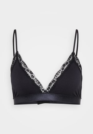 Svart bh med blondedetaljer på halslinjen, justerbare stropper og et glatt stoff. Myk tekstur med en tettsittende, trekantet form.
