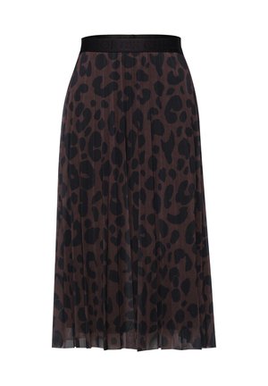 Jupe midi plissée marron avec imprimé léopard noir et ceinture élastique noire.