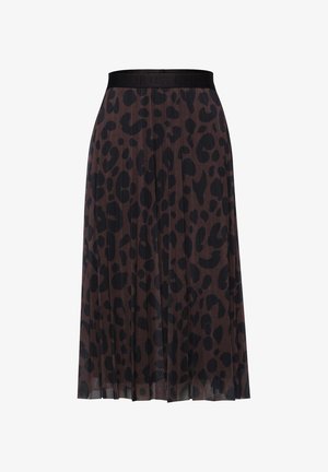 Jupe midi plissée marron avec imprimé léopard noir et ceinture élastique noire.