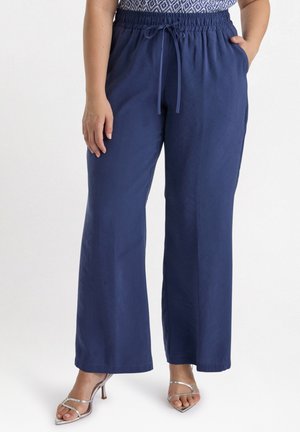 Pantaloni blu navy a gamba larga realizzati in un tessuto leggero, dotati di una vita elastica con cordoncino e tasche laterali.