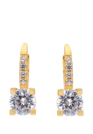Gold hoop earrings with four small clear stones on each hoop and one large round clear stone set in square prongs at the bottom.