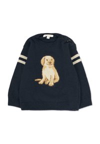 Granatowy sweter z dzianiny z jasnym, siedzącym wzorem psa na przodzie. Paski na rękawach; guziki na ramieniu.