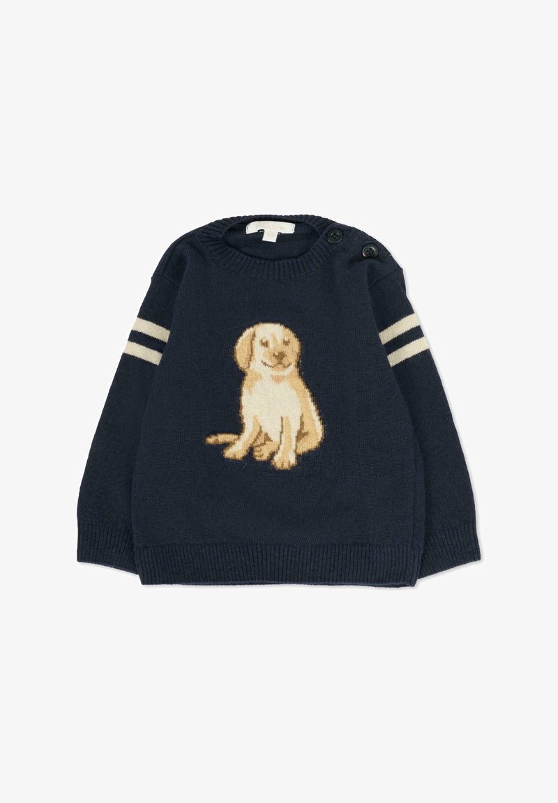 Granatowy sweter z dzianiny z jasnym, siedzącym wzorem psa na przodzie. Paski na rękawach; guziki na ramieniu.