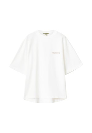 Valkoinen ylipitkä t-paita, lyhyet hihat, pyöreä kaula-aukko, jossa "ALLSAINTS"-logo vaaleanpunaisena vasemmassa rintataskun kohdalla. Pehmeää puuvillamateriaalia.