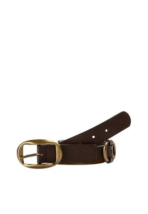 Dark brown leather belt with a vintage brass oval buckle and rounded holes, coiled on a white background.