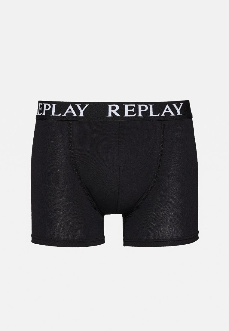 Svarta kalsonger för män med "REPLAY" tryckt i vitt på midjebandet, med en åtsittande passform och framstickningsdetaljer.