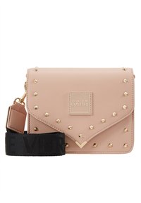 Blush pink faux leather handbag with gold studs, logo plaque, and a black adjustable strap with "EVER" lettering. Features a flap closure.