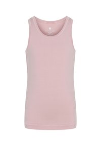 Pink bomulds tanktop, ærmeløs design, rund halsudskæring, glat tekstur, enkel konstruktion, uden mønstre eller accenter.