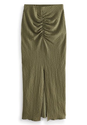 Jupe midi texturée vert olive avec couture centrale froncée et fente avant, coupe droite et taille élastique.