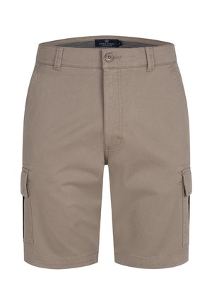 Bermudas cargo beige hechas de una mezcla de algodón duradera, con bolsillos laterales, un cierre de botón y detalles cosidos para mayor textura.