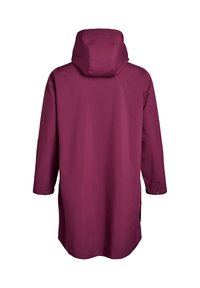 Bordeaux voděodolný kabát s kapucí, dlouhými rukávy, knoflíkovými manžetami a rovnými lemy. Hladká textura, minimalistický design, žádné viditelné vzory ani kovové prvky.