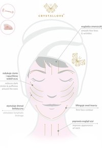 Rouleau de jade en quartz rose et pierre en forme de cœur sur un diagramme de visage, illustrant les bienfaits avec des accents dorés et des flèches courbées.