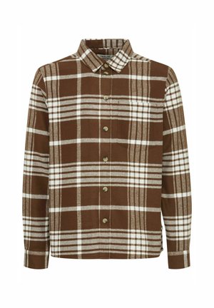 Brun og hvit rutet flanellskjorte med krage, lange ermer og knappestolpe foran. Har en lomme på brystet.