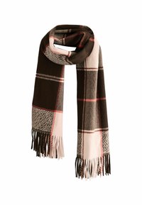 Brown, pink, and grey plaid scarf featuring fringed ends, made from soft fabric. Rectangular shape with a textured pattern.