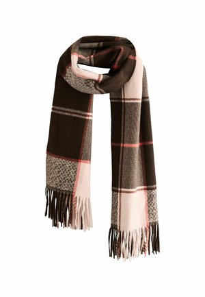 Brown, pink, and grey plaid scarf featuring fringed ends, made from soft fabric. Rectangular shape with a textured pattern.