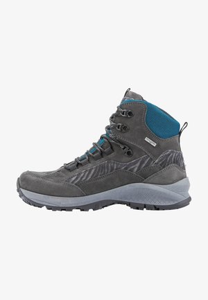 Mid-cut hiking boots in grey suede with a textured stripe, blue mesh collar, and gray rubber sole featuring a diamond pattern.