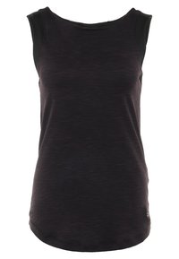 Musta urheilullinen tank top, jossa on tekstuuri, pyöreä kaula-aukko ja kontrastiväriset mustat olkakappaleet. Hieman kaareva helma.