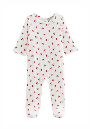 Body blanc à manches longues pour bébé avec pieds, orné de petits groupes de cerises rouges et de fines rayures verticales.