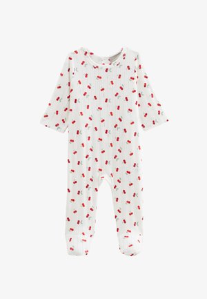 Body blanc à manches longues pour bébé avec pieds, orné de petits groupes de cerises rouges et de fines rayures verticales.