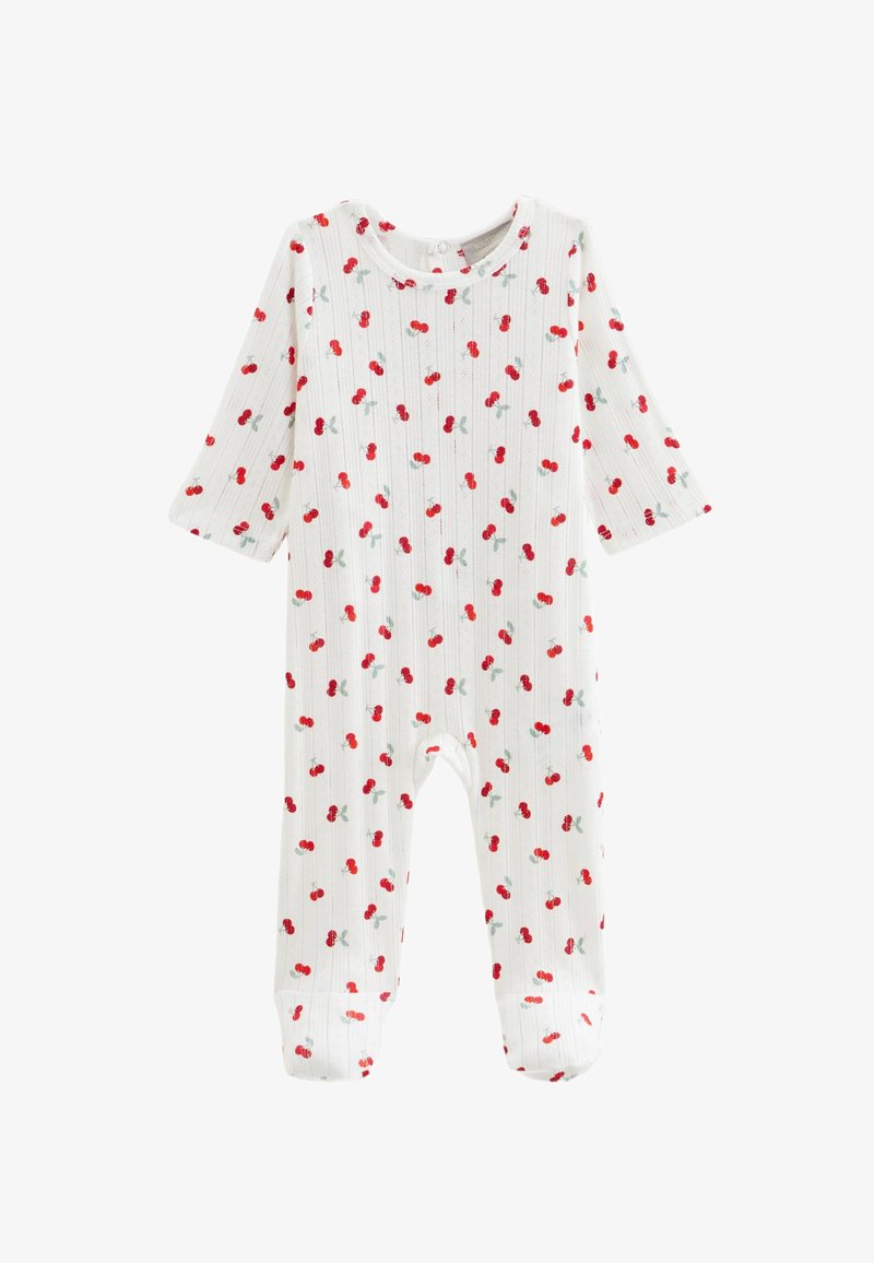 Body blanc à manches longues pour bébé avec pieds, orné de petits groupes de cerises rouges et de fines rayures verticales.