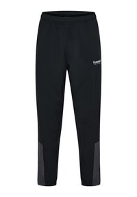 Svarta sportbyxor med elastisk midja, grå paneler nära anklarna och "hummel"-logotyp på övre lår.
