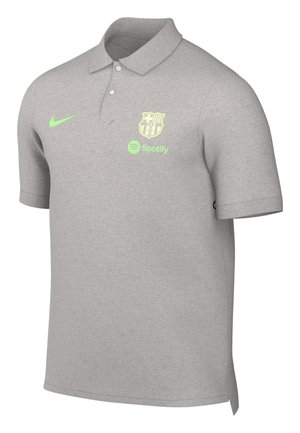 Maglietta polo grigia in cotone, con colletto, maniche corte e logo ricamato del Barcellona, baffo Nike e branding Spotify in verde.