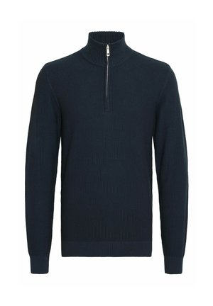 Dark navy sweater with a high ribbed collar and a quarter zip. Textured fabric with long sleeves and a fitted hem.