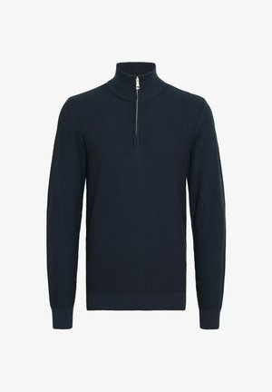 Sötét tengerészkék pulóver magas bordás gallérral és negyed cipzárral. Texturált anyag, hosszú ujjú és testhezálló szegéllyel.