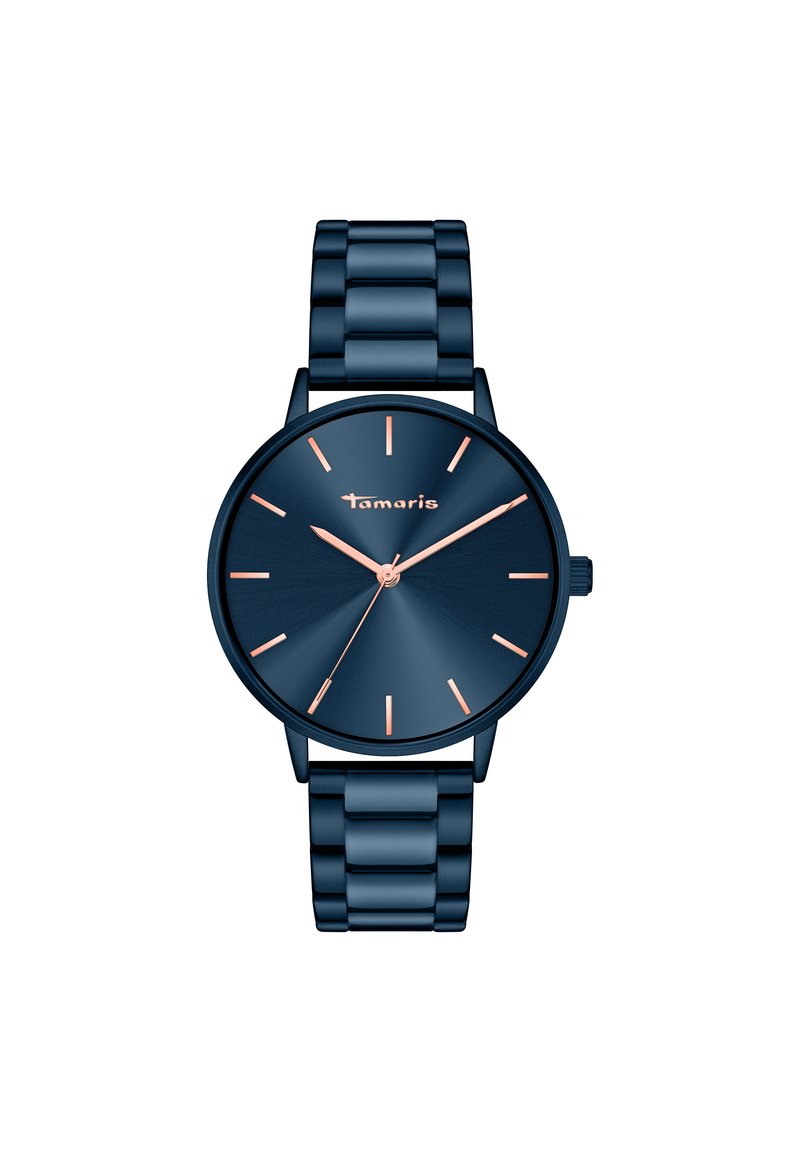 Donkerblauwe roestvrijstalen horloge met een metallic afwerking, met een minimalistisch ontwerp, roségouden accenten en eenvoudige indexmarkeringen.