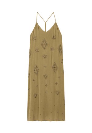 Robe maxi sans manches vert olive avec fines bretelles et motifs géométriques perlés dispersés sur le tissu.