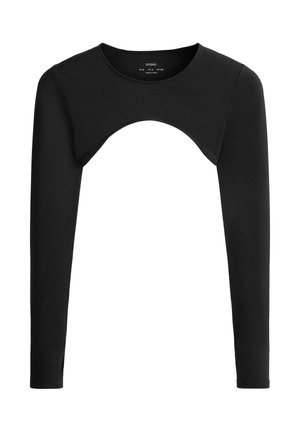 Bolero negru cu mâneci lungi, cropped, cu deschidere curbată în față și decolteu rotund, realizat dintr-un material neted, elastic.