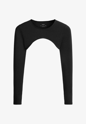 Schwarzes, langärmliges, kurz geschnittenes Bolero mit geschwungenem offenem Vorderteil und rundem Ausschnitt, aus glattem Stretchstoff gefertigt.