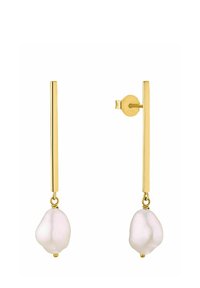 Orecchini in metallo dorato con una sottile barra verticale e una perla bianca a forma di goccia appesa a un attacco circolare.