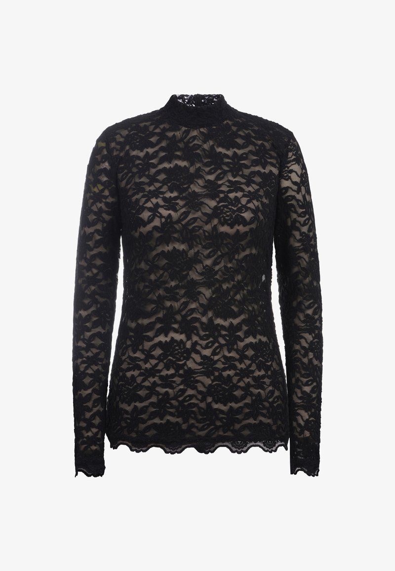 Zwarte kant lange mouwen top met bloemmotief, hoge halslijn, geschulpte zoom en delicate textuur. Semi-doorzichtig materiaal.