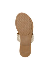 Brun platt sandal sål med ett texturerat mönster. Beiga remmar i ett korsande design och en bekväm, dämpad fotsula. Storlek 37 synlig.