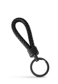 Black leather keychain with a braided strap and a smooth loop. Features a flat, circular metal ring for attaching keys or accessories.