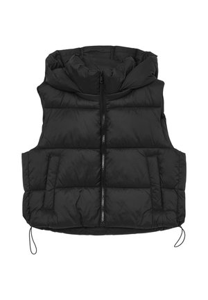 Black padded vest with a high collar, front zip closure, and two side pockets. Features drawstrings at the hem for adjustability.