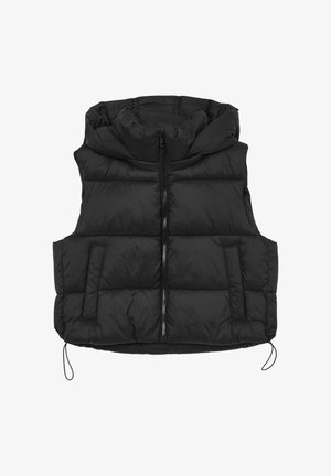 Black padded vest with a high collar, front zip closure, and two side pockets. Features drawstrings at the hem for adjustability.