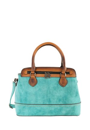 Türkise Handtasche mit braunen Ledergriffen, oberem Reißverschluss und abnehmbarem Schulterriemen, mit gesteppter Verzierung und strukturiertem Boden.