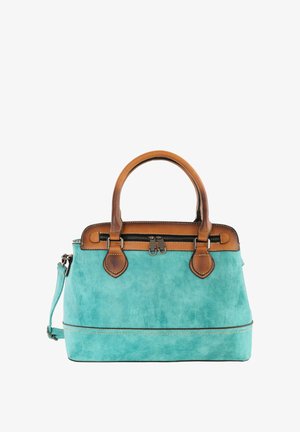 Turquoise handtas met bruine leren handvatten, een bovenrits en een afneembare schouderriem, met gestikte details en een gestructureerde bodem.