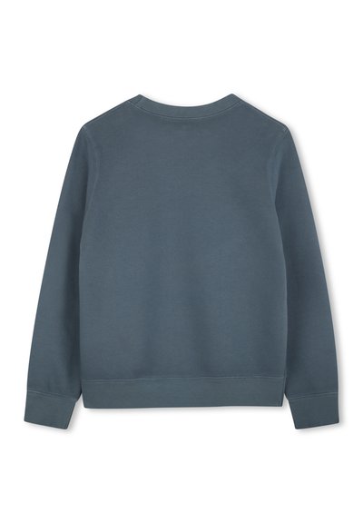 Blauwe sweatshirt met lange mouwen, ronde hals en geribbelde manchetten. Zachte textuur en minimale stikseldetails op de achterkant.