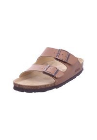 Brown leather slide sandal with two adjustable straps, cork footbed, and textured black rubber sole. Labeled with "rohede" branding.