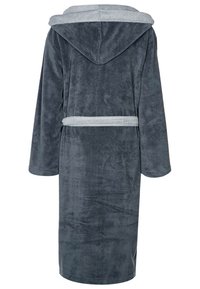Hooded bathrobe in dark gray plush fabric. Features long sleeves, a belt at the waist, and a contrasting light gray trim on the hood.