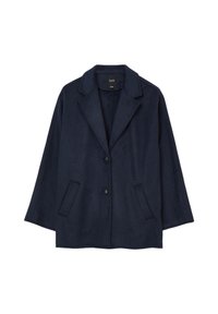 Veste en mélange de laine bleu marine avec fermeture à boutons, revers crantés et deux poches avant ; présente une coupe décontractée et une texture douce.
