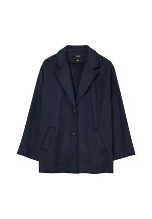 Giacca in misto lana blu navy con chiusura a bottone, rever a punta e due tasche frontali; presenta una vestibilità rilassata e una texture morbida.