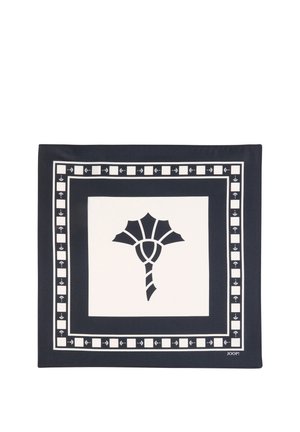 Quadratischer schwarz-weißer Schal mit einem zentralen stilisierten Blumenmuster und einem karierten Randmuster.