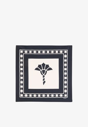 Quadratischer schwarz-weißer Schal mit einem zentralen stilisierten Blumenmuster und einem karierten Randmuster.