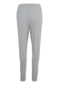 Lichtgrijze, slim-fit sweatpants met een elastische tailleband, gemaakt van zachte stof, weergegeven op een witte achtergrond.