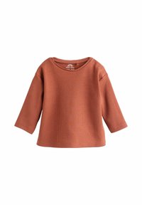 Rust-colored long-sleeve baby shirt with ribbed texture and two snap buttons on the left shoulder, plain design.
